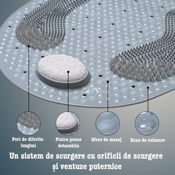 Covor antiderapant baie, Quasar & Co.®, pentru cada/dus, cu piatra ponce, perii masaj, ventuze fixare, 80 x 40 cm, gri - imagine 7