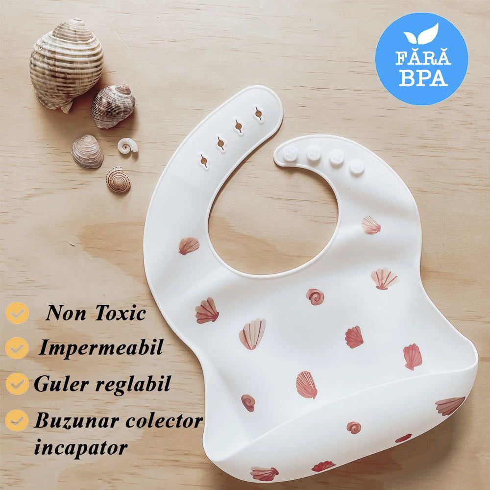 Set 2 bavetele flexibile, Quasar & Co.®, antimurdarire, buzunar colector larg, inchidere ajustabila, 1 x model scoica, 1 x uni, silicon, 30 x 23 cm, crem-corai 3
