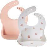 Set 2 bavetele flexibile, Quasar & Co.®, antimurdarire, buzunar colector larg, inchidere ajustabila, 1 x model scoica, 1 x uni, silicon, 30 x 23 cm, crem-corai 12