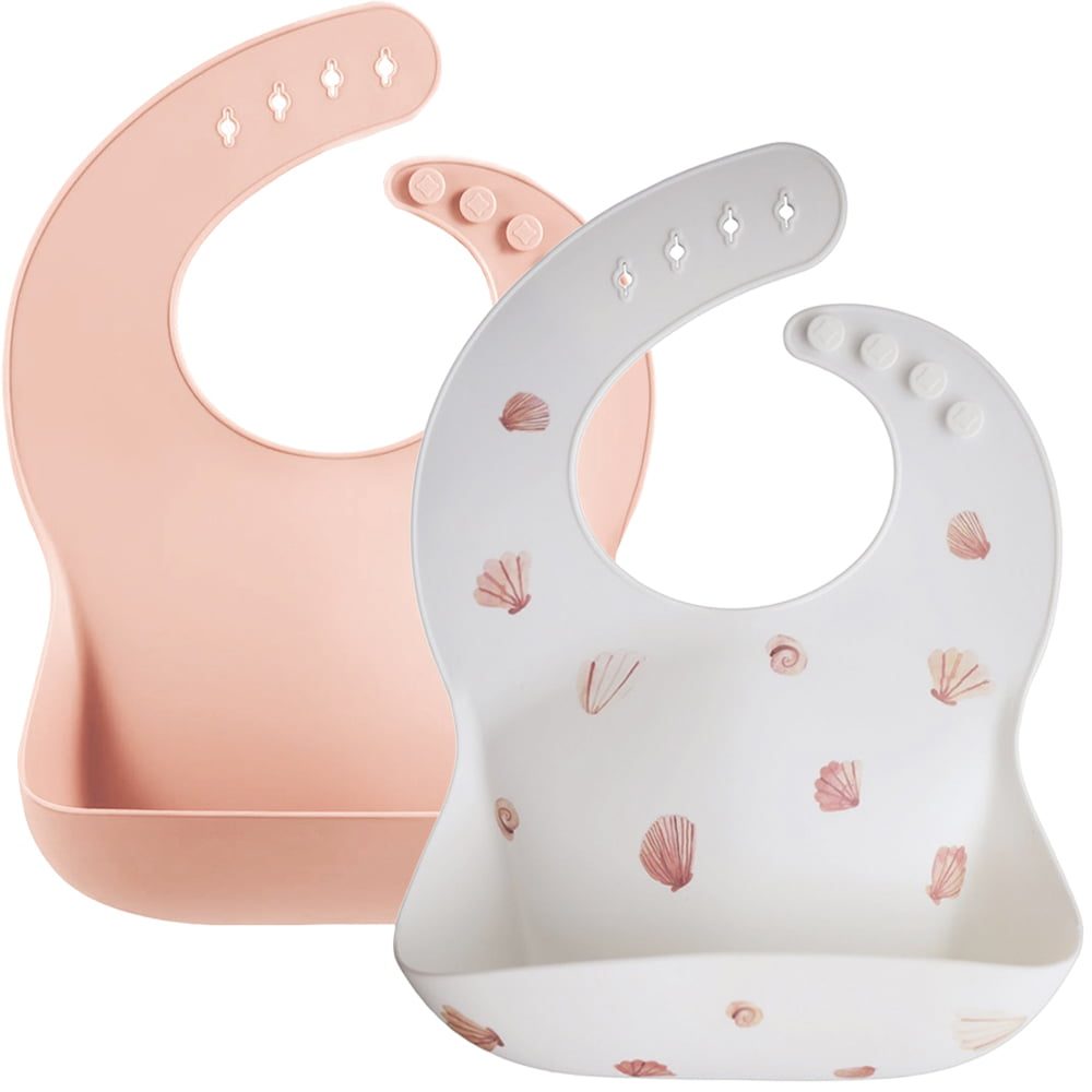 Set 2 bavetele flexibile, Quasar & Co.®, antimurdarire, buzunar colector larg, inchidere ajustabila, 1 x model scoica, 1 x uni, silicon, 30 x 23 cm, crem-corai