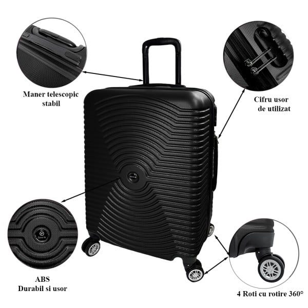 Troler Mediu, Quasar & Co.®, Model Air Circle, 4 roti 360 grade, cifru, maner telescopic, ABS, 66 x 44 x 26 cm, negru - imagine 7