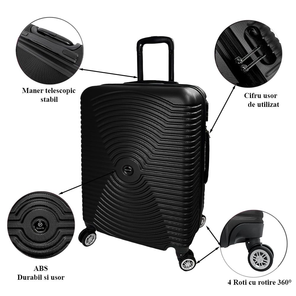 Troler Mediu, Quasar & Co.®, Model Air Circle, 4 roti 360 grade, cifru, maner telescopic, ABS, 66 x 44 x 26 cm, negru 7