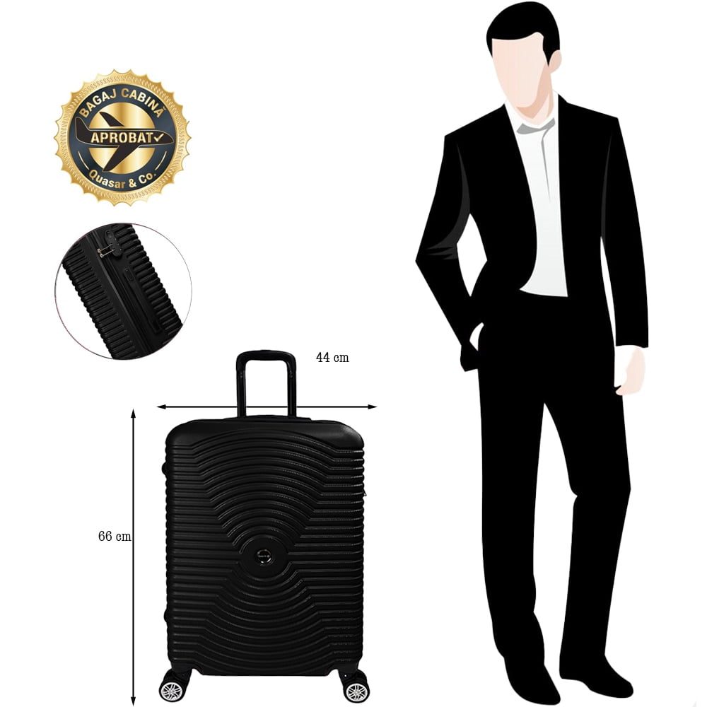 Troler Mediu, Quasar & Co.®, Model Air Circle, 4 roti 360 grade, cifru, maner telescopic, ABS, 66 x 44 x 26 cm, negru 9