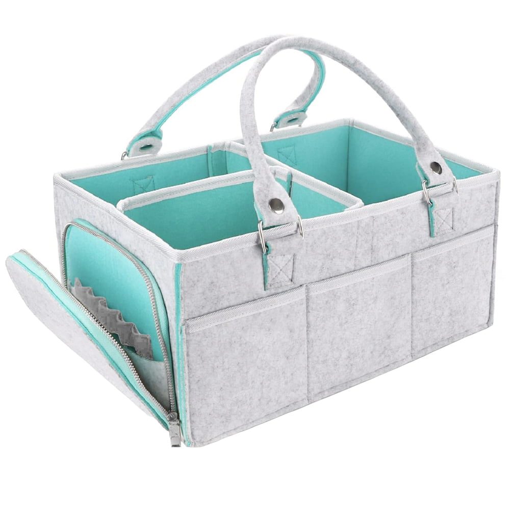 42029091-2 Geanta organizator scutece si accesorii copii/bebelusi, Quasar & Co.®, 3 compartimente si 8 buzunare, fetru, 38 x 26 x 18 cm, gri-turcoaz
