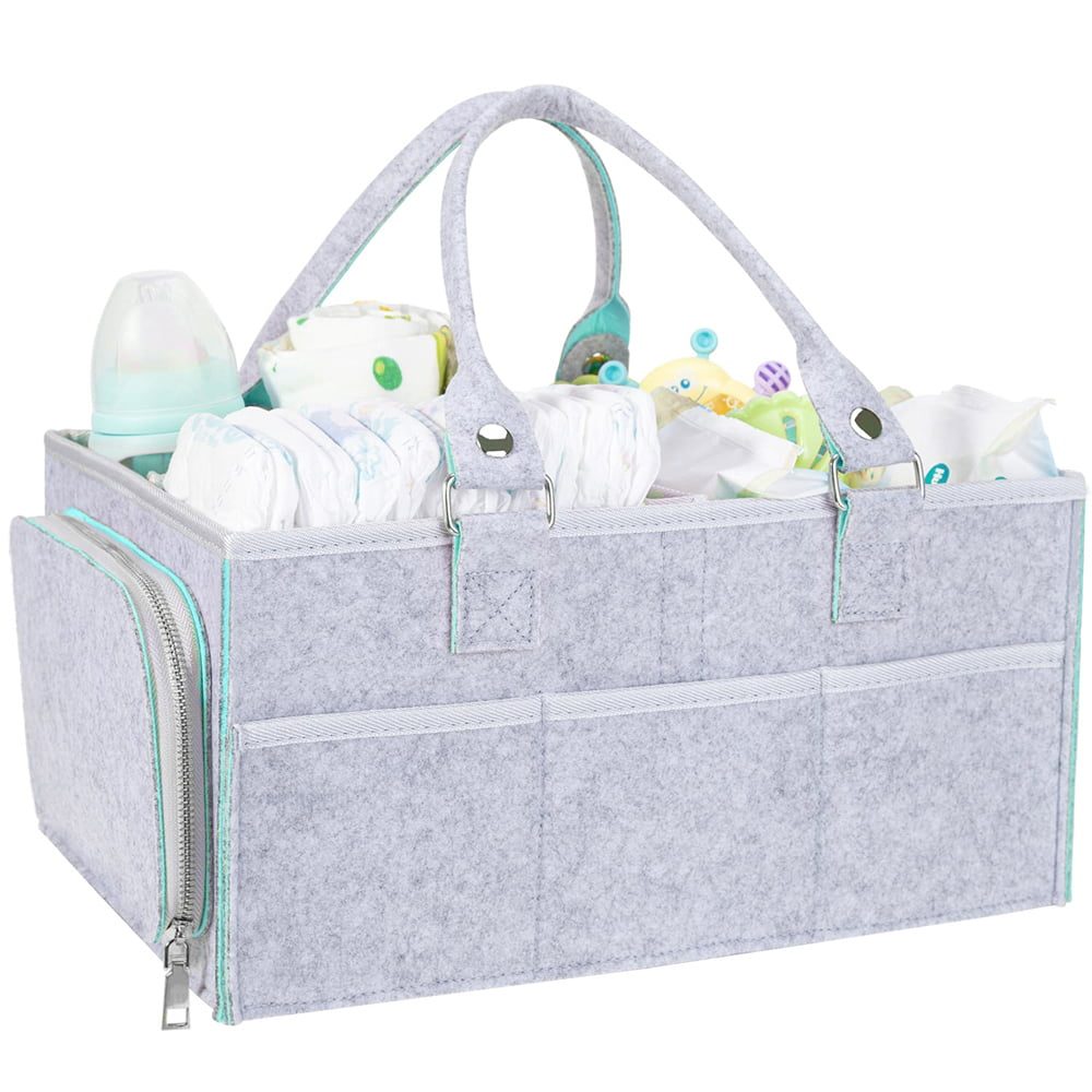 Geanta organizator scutece si accesorii copii/bebelusi, Quasar & Co.®, 3 compartimente si 8 buzunare, fetru, 38 x 26 x 18 cm, gri-turcoaz 2 Geanta organizator scutece si accesorii copii/bebelusi, Quasar & Co.®, 3 compartimente si 8 buzunare, fetru, 38 x 26 x 18 cm, gri-turcoaz 2