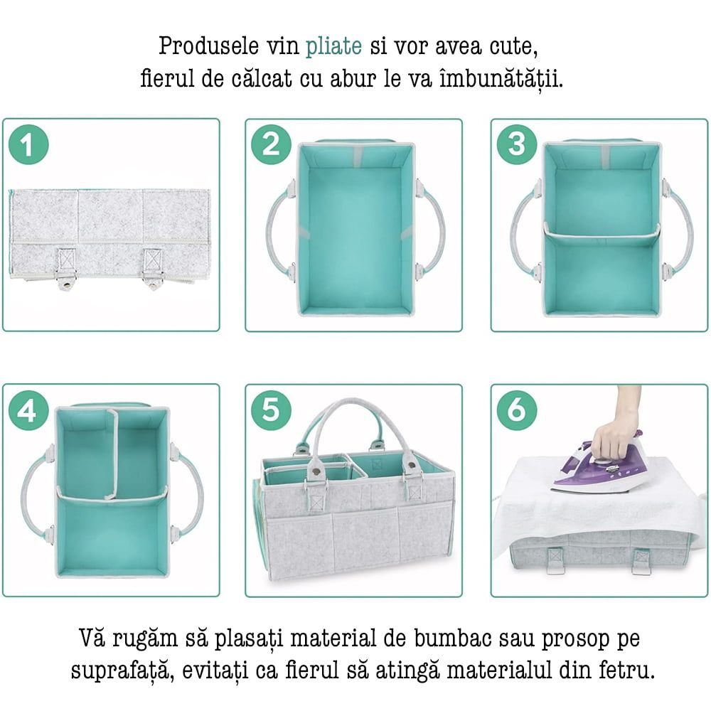 Geanta organizator scutece si accesorii copii/bebelusi, Quasar & Co.®, 3 compartimente si 8 buzunare, fetru, 38 x 26 x 18 cm, gri-turcoaz 3 Geanta organizator scutece si accesorii copii/bebelusi, Quasar & Co.®, 3 compartimente si 8 buzunare, fetru, 38 x 26 x 18 cm, gri-turcoaz 3
