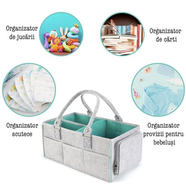 Geanta organizator scutece si accesorii copii/bebelusi, Quasar & Co.®, 3 compartimente si 8 buzunare, fetru, 38 x 26 x 18 cm, gri-turcoaz - imagine 4