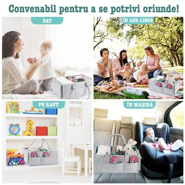 Geanta organizator scutece si accesorii copii/bebelusi, Quasar & Co.®, 3 compartimente si 8 buzunare, fetru, 38 x 26 x 18 cm, gri-turcoaz - imagine 5