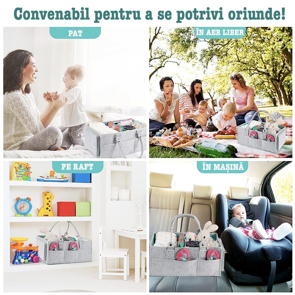 Geanta organizator scutece si accesorii copii/bebelusi, Quasar & Co.®, 3 compartimente si 8 buzunare, fetru, 38 x 26 x 18 cm, gri-turcoaz 5 Geanta organizator scutece si accesorii copii/bebelusi, Quasar & Co.®, 3 compartimente si 8 buzunare, fetru, 38 x 26 x 18 cm, gri-turcoaz 5
