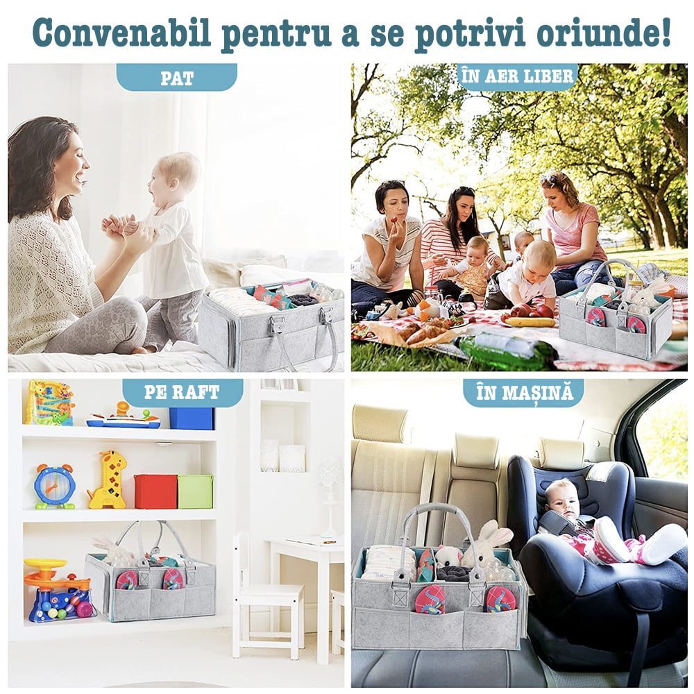 Geanta organizator scutece si accesorii copii/bebelusi, Quasar & Co.®, 3 compartimente si 8 buzunare, fetru, 38 x 26 x 18 cm, gri deschis-bleu 3 Geanta organizator scutece si accesorii copii/bebelusi, Quasar & Co.®, 3 compartimente si 8 buzunare, fetru, 38 x 26 x 18 cm, gri deschis-bleu 3
