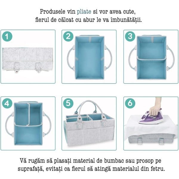 Geanta organizator scutece si accesorii copii/bebelusi, Quasar & Co.®, 3 compartimente si 8 buzunare, fetru, 38 x 26 x 18 cm, gri deschis-bleu - imagine 4
