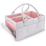 Geanta organizator scutece si accesorii copii/bebelusi, Quasar & Co.®, 3 compartimente si 8 buzunare, fetru, 38 x 26 x 18 cm, gri luminos-roz 7