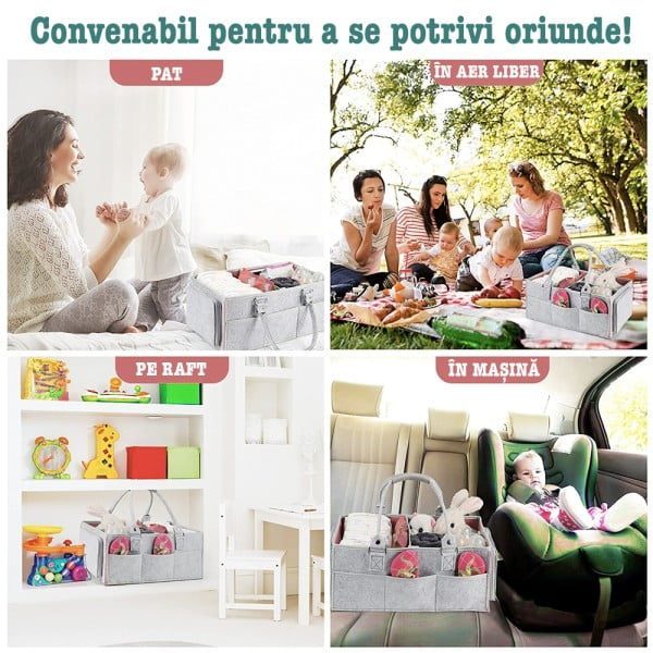 Geanta organizator scutece si accesorii copii/bebelusi, Quasar & Co.®, 3 compartimente si 8 buzunare, fetru, 38 x 26 x 18 cm, gri luminos-roz - imagine 5