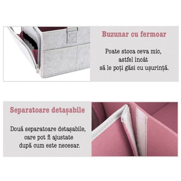 Geanta organizator scutece si accesorii copii/bebelusi, Quasar & Co.®, 3 compartimente si 8 buzunare, fetru, 38 x 26 x 18 cm, gri luminos-roz - imagine 6