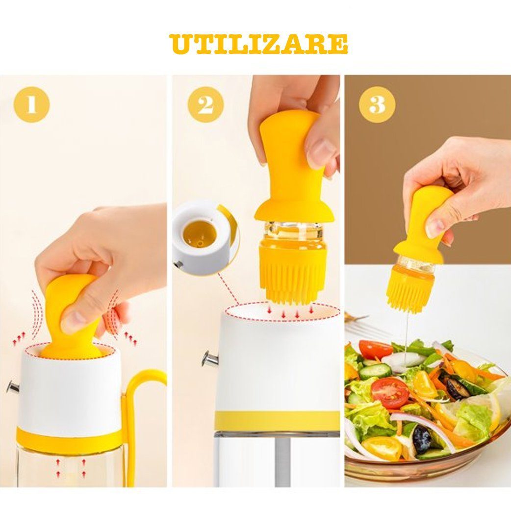 Oliviera Quasar & Co.®, cu perie dozatoare gradata si picurator, pentru ulei/otet/sosuri, din sticla, 550 ml, galben 9 Oliviera Quasar & Co.®, cu perie dozatoare gradata si picurator, pentru ulei/otet/sosuri, din sticla, 550 ml, galben 9