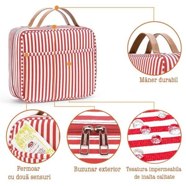 Geanta cosmetice voiaj, Quasar & Co.®, 5 compartimente, carlig agatare, textil, interior impermeabil, 29 x 26 x 10 cm, rosu-alb - imagine 6