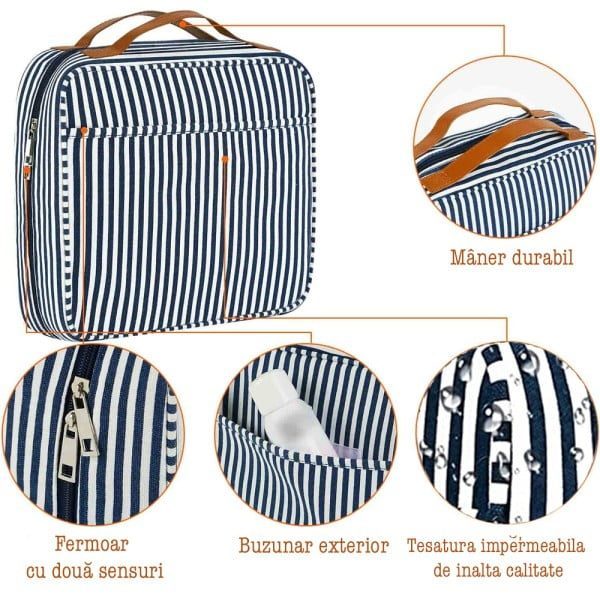 Geanta cosmetice voiaj, Quasar & Co.®, 5 compartimente, carlig agatare, textil, interior impermeabil, 29 x 26 x 10 cm, alb-negru - imagine 4
