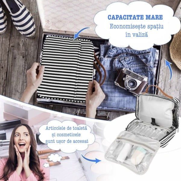 Geanta cosmetice voiaj, Quasar & Co.®, 5 compartimente, carlig agatare, textil, interior impermeabil, 29 x 26 x 10 cm, alb-negru - imagine 7