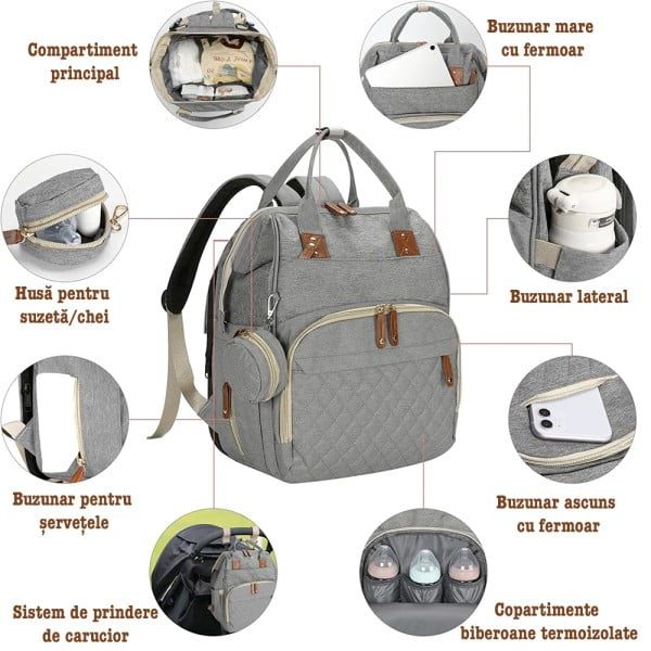 Geanta/rucsac, Quasar & Co.®, cu port USB si 14 compartimente, textil, 40 x 30 x 14 cm, gri - imagine 4