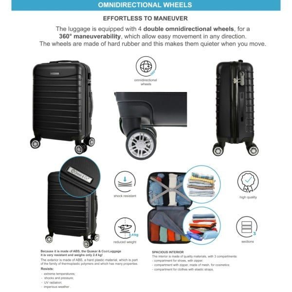 Troler Mare, Quasar & Co.®, Model Line, 4 roti duble cu rotatie 360°, maner telescopic, cifru, 77 x 52 x 31 cm, ABS, negru - imagine 8