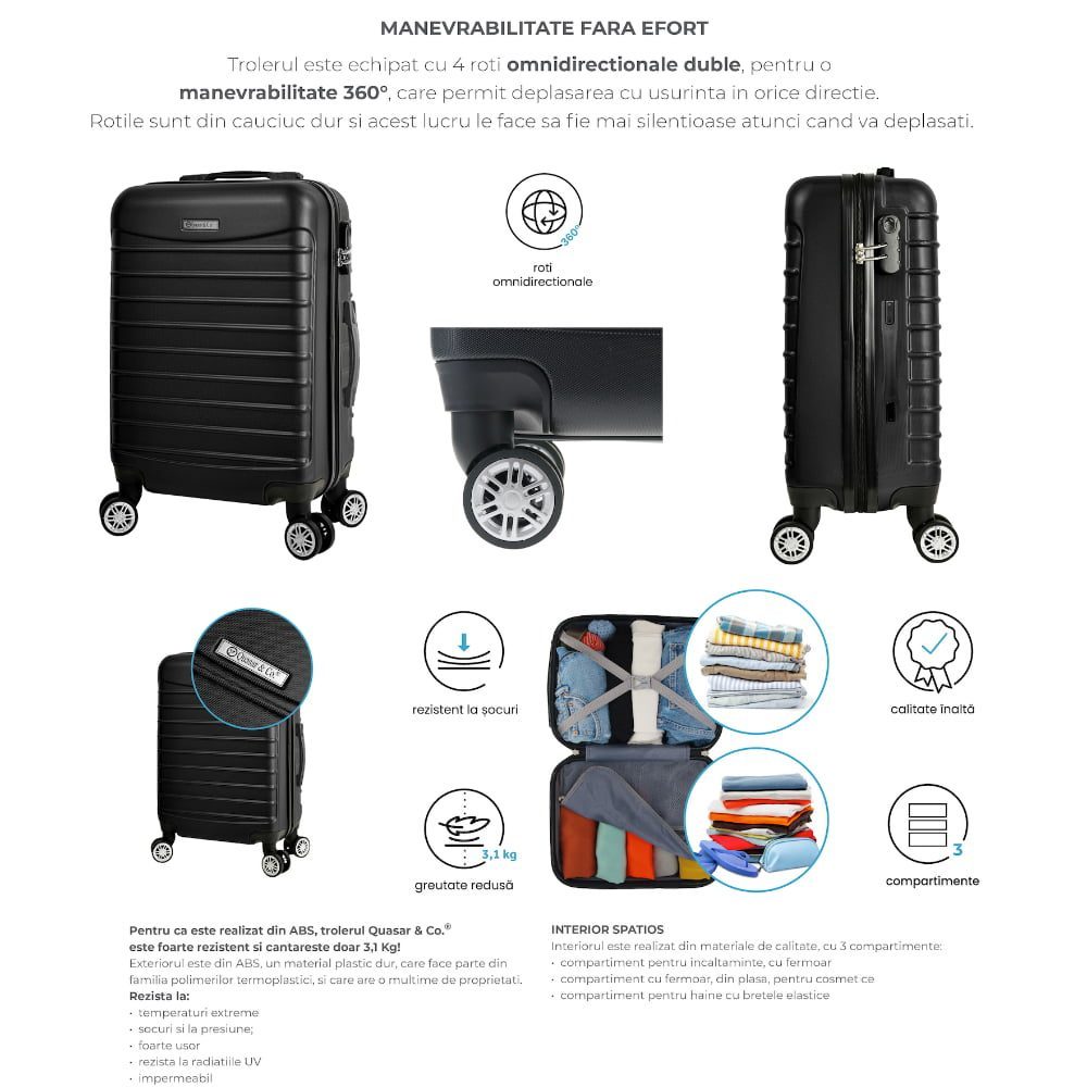 Troler Mare, Quasar & Co.®, Model Line, 4 roti duble cu rotatie 360°, maner telescopic, cifru, 77 x 52 x 31 cm, ABS, negru 3 Troler Mare, Quasar & Co.®, Model Line, 4 roti duble cu rotatie 360°, maner telescopic, cifru, 77 x 52 x 31 cm, ABS, negru 3