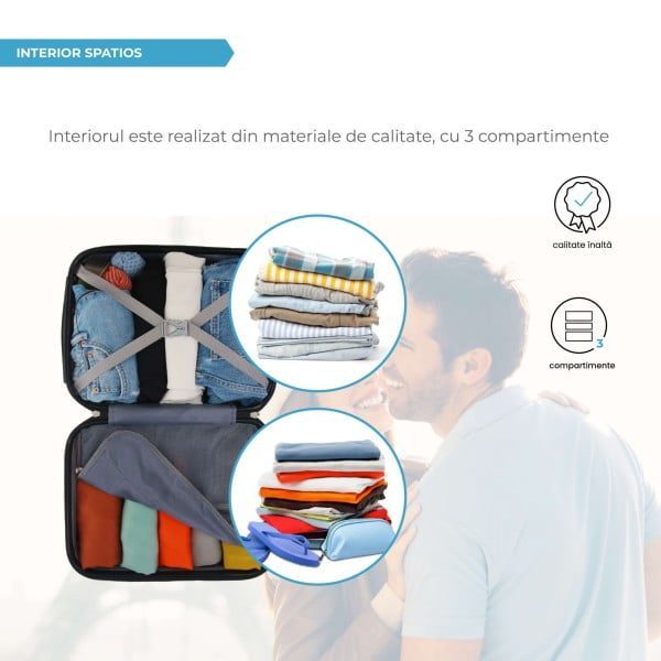 Troler Mediu, Quasar & Co.®, Model Line, 4 roti duble cu rotatie 360°, maner telescopic, cifru, 66 x 44 x 26 cm, ABS, negru - imagine 7