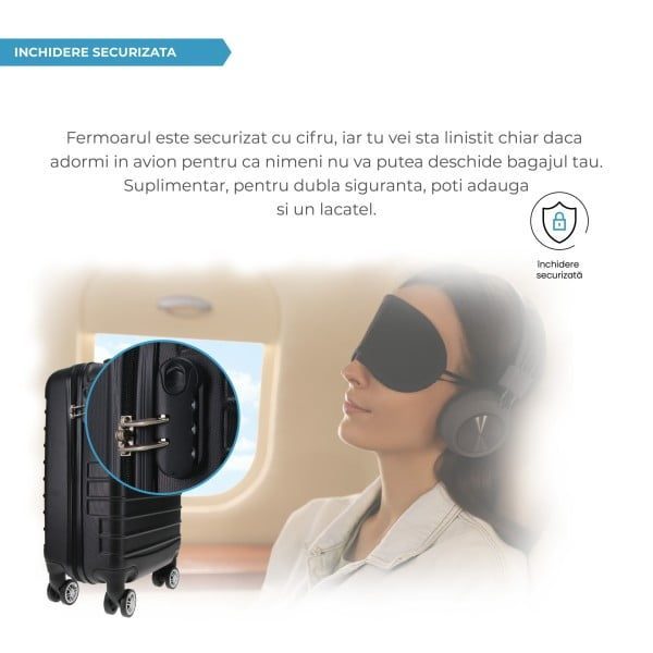 Troler Mediu, Quasar & Co.®, Model Line, 4 roti duble cu rotatie 360°, maner telescopic, cifru, 66 x 44 x 26 cm, ABS, negru - imagine 8