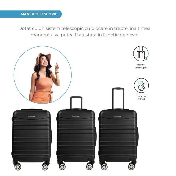 Troler Mediu, Quasar & Co.®, Model Line, 4 roti duble cu rotatie 360°, maner telescopic, cifru, 66 x 44 x 26 cm, ABS, negru - imagine 10
