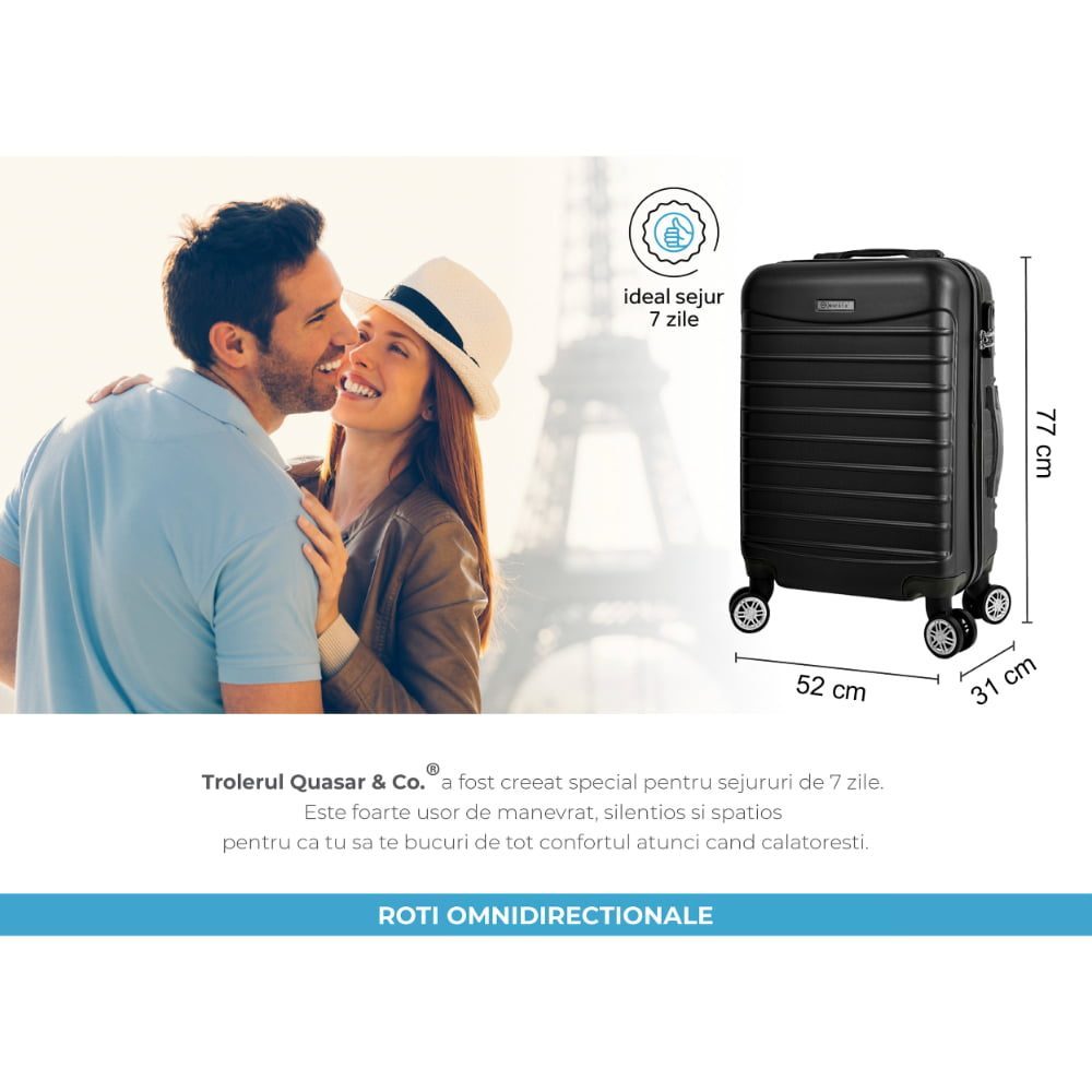 Troler Mare, Quasar & Co.®, Model Line, 4 roti duble cu rotatie 360°, maner telescopic, cifru, 77 x 52 x 31 cm, ABS, negru 6 Troler Mare, Quasar & Co.®, Model Line, 4 roti duble cu rotatie 360°, maner telescopic, cifru, 77 x 52 x 31 cm, ABS, negru 6