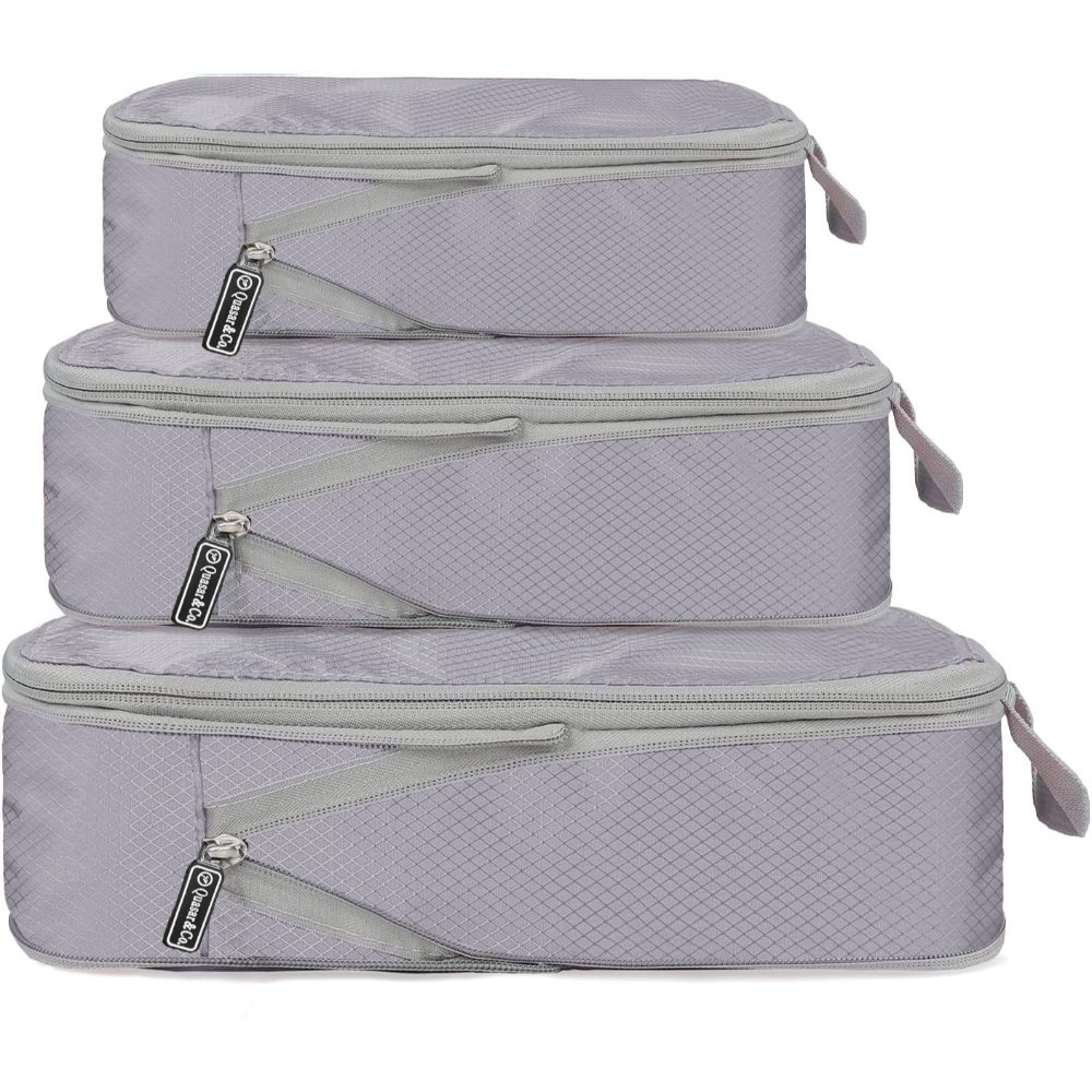 Set 3 huse organizare bagaj, Quasar & Co.®, impermeabile, sistem compresie/extensie cu fermoar, gri