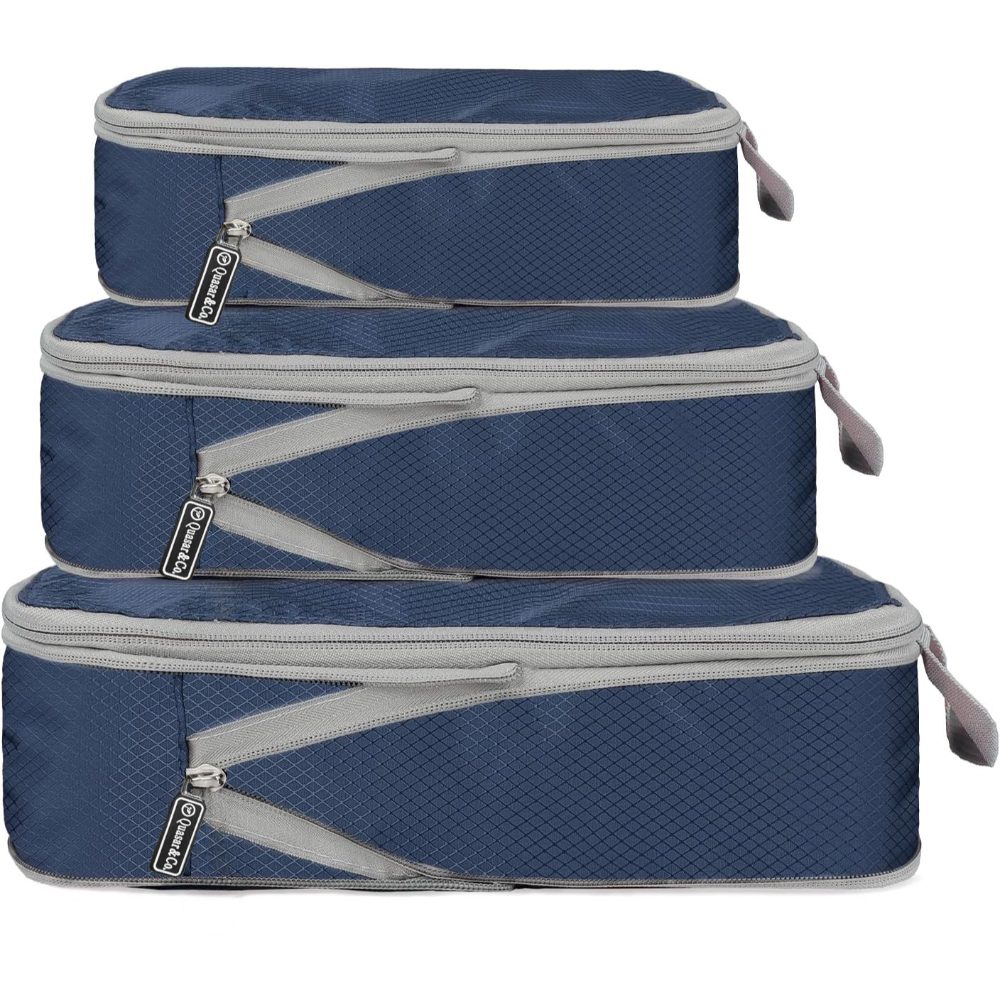 1 Set 3 huse organizare bagaj, Quasar & Co.®, impermeabile, sistem compresie/extensie cu fermoar, bleumarin