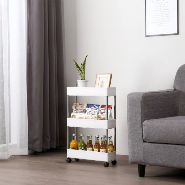 Raft universal depozitare, Quasar & Co.®, cu roti, 3 polite, pentru spatii inguste, dreptunghiular, 40 x 12 x 61 cm, ABS/otel inoxidabil, alb - imagine 4