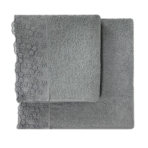 Set 2 prosoape, Quasar & Co.®, model Classy, cu dantela, 100% bumbac, 45 x 90/70 x 140, 450 g/mp, gri - imagine 2
