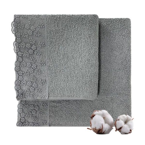 Set 2 prosoape, Quasar & Co.®, model Classy, cu dantela, 100% bumbac, 45 x 90/70 x 140, 450 g/mp, gri - imagine 1