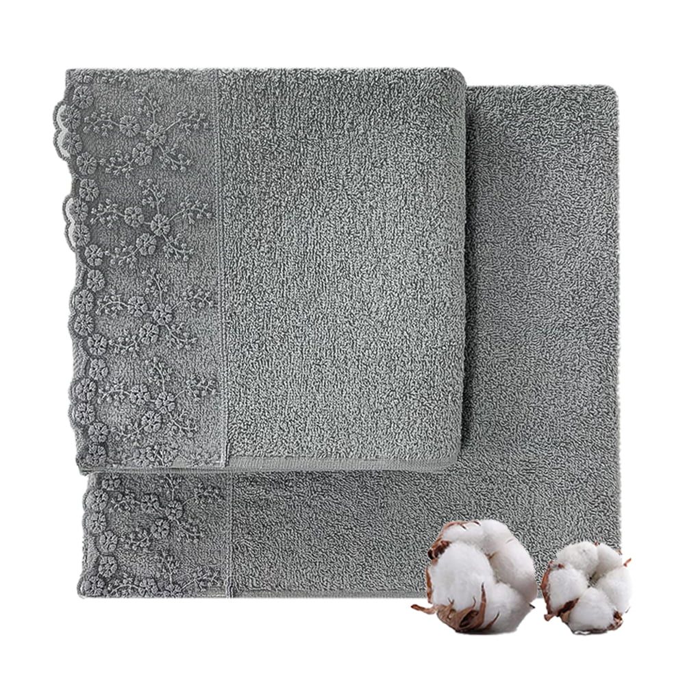 Set 2 prosoape, Quasar & Co.®, model Classy, cu dantela, 100% bumbac, 45 x 90/70 x 140, 450 g/mp, gri