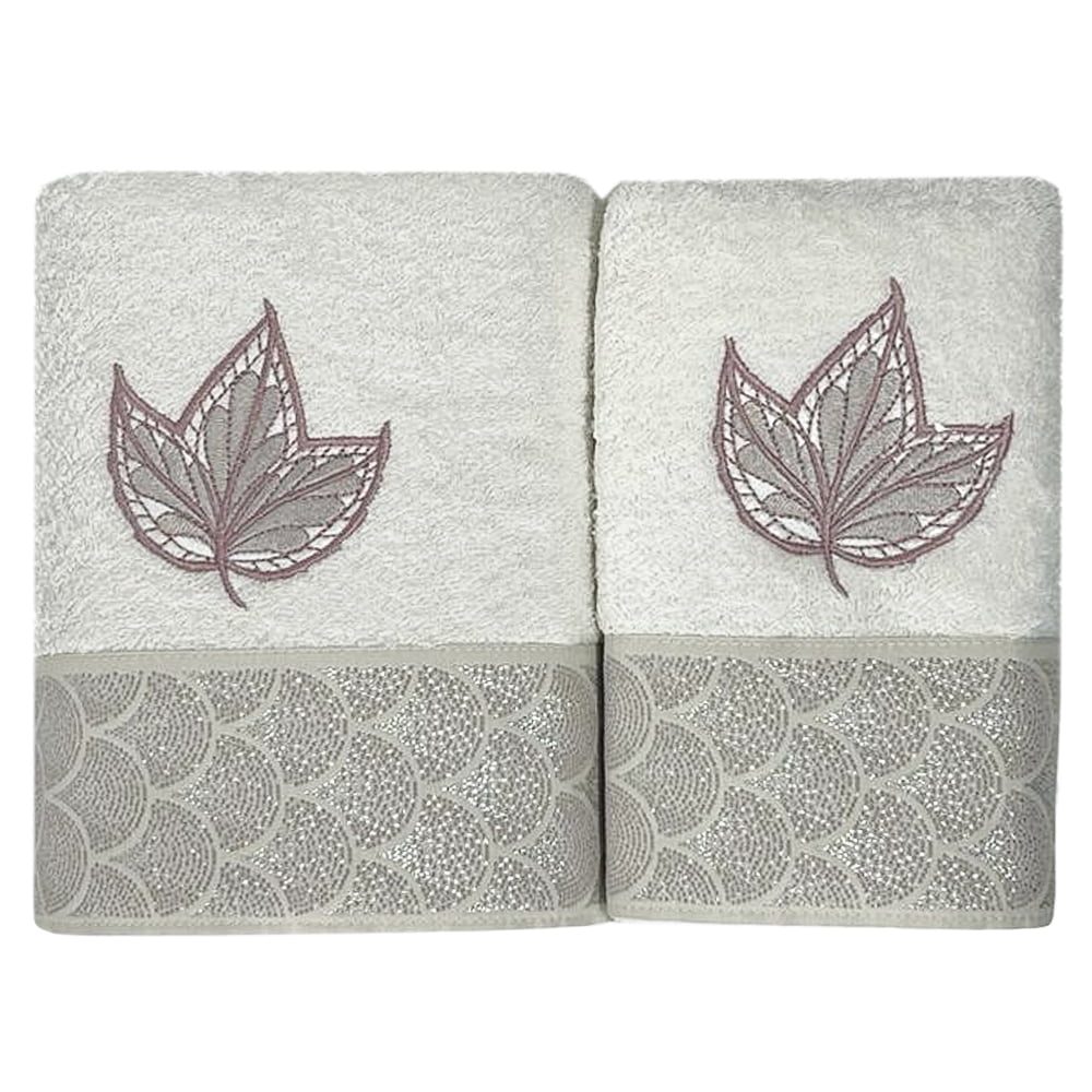 Set 2 prosoape, Quasar & Co.®, model Luxury F, broderie si banda tesuta, 100% bumbac, 450 g/mp, 50 x 90/70 x 140, alb