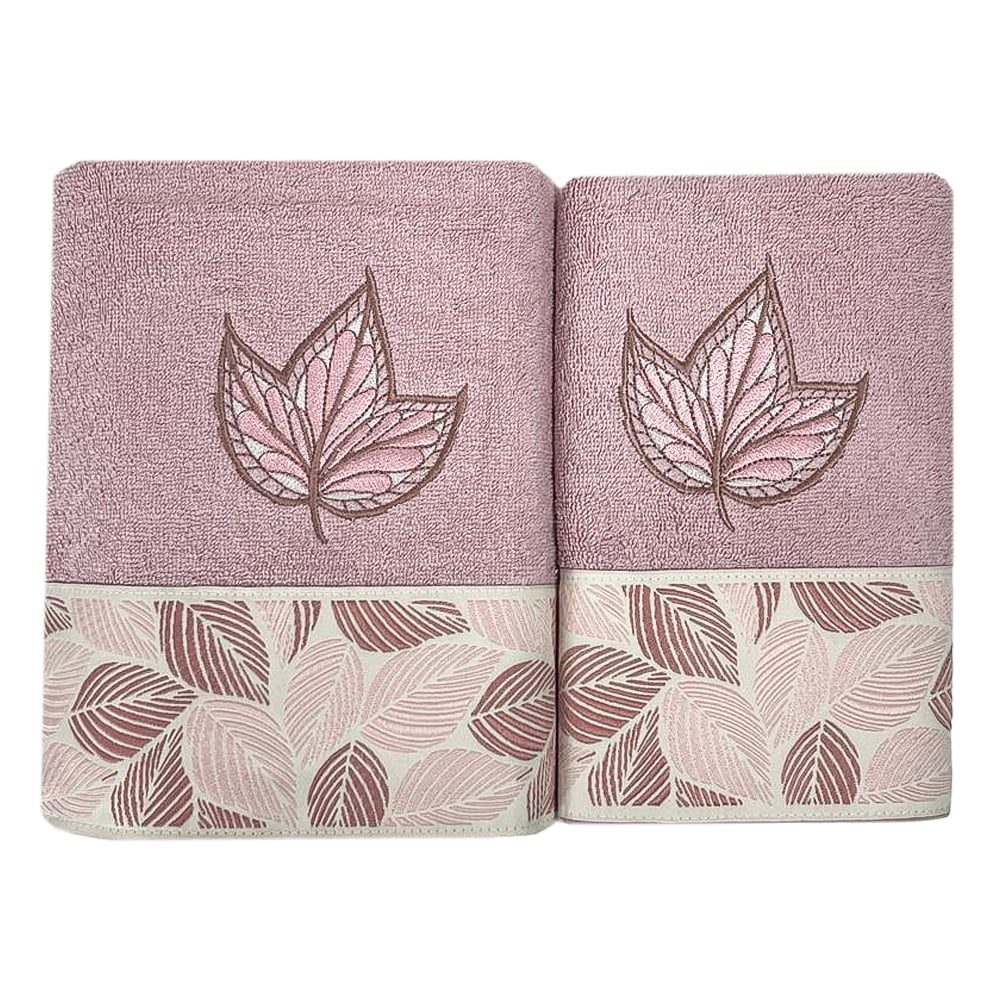 42026344-2 Set 2 prosoape, Quasar & Co.®, model Luxury F, broderie si banda tesuta, 100% bumbac, 450 g/mp, 50 x 90/70 x 140, roz