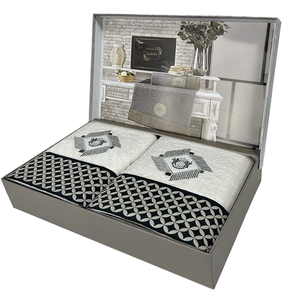 Set 2 prosoape, Quasar & Co.®, model Luxury R, broderie si banda tesuta, 100% bumbac, 450 g/mp, 50 x 90/70 x 140, alb/gri 2