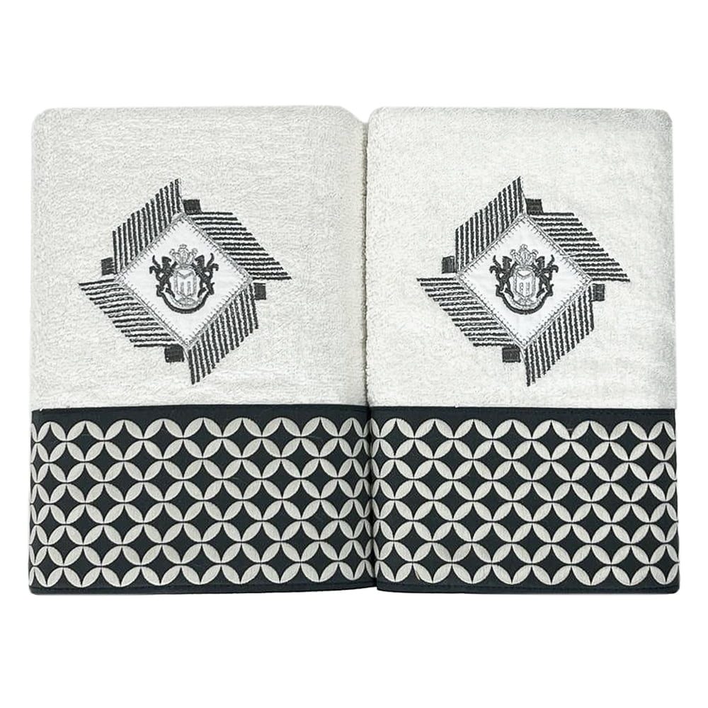 Set 2 prosoape, Quasar & Co.®, model Luxury R, broderie si banda tesuta, 100% bumbac, 450 g/mp, 50 x 90/70 x 140, alb/gri