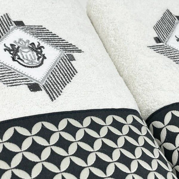 Set 2 prosoape, Quasar & Co.®, model Luxury R, broderie si banda tesuta, 100% bumbac, 450 g/mp, 50 x 90/70 x 140, alb/gri - imagine 4