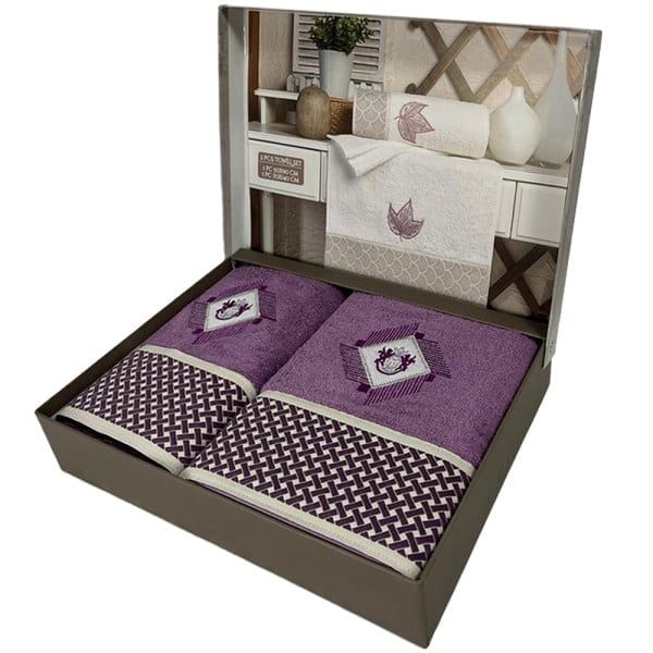 Set 2 prosoape, Quasar & Co.®, model Luxury R, broderie si banda tesuta, 100% bumbac, 450 g/mp, 50 x 90/70 x 140, mov - imagine 2