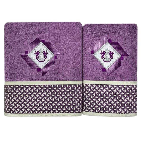Set 2 prosoape, Quasar & Co.®, model Luxury R, broderie si banda tesuta, 100% bumbac, 450 g/mp, 50 x 90/70 x 140, mov - imagine 1