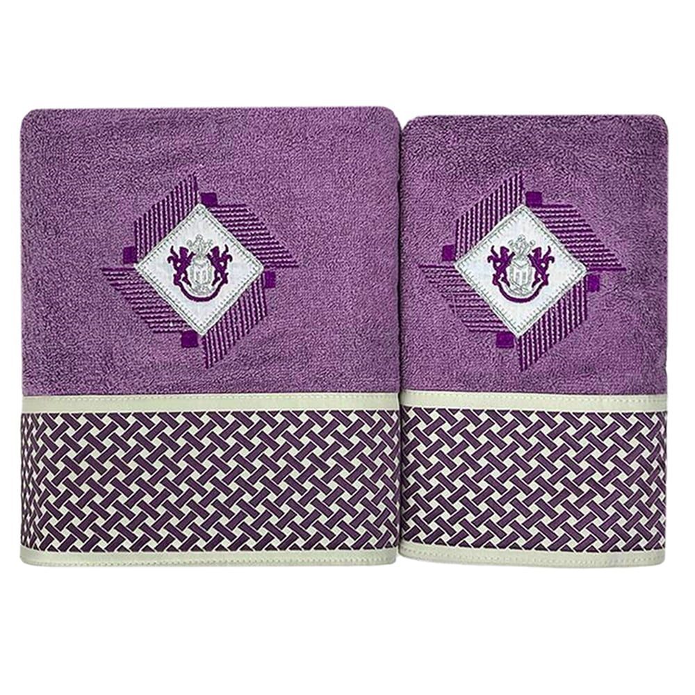 42026348-2 Set 2 prosoape, Quasar & Co.®, model Luxury R, broderie si banda tesuta, 100% bumbac, 450 g/mp, 50 x 90/70 x 140, mov