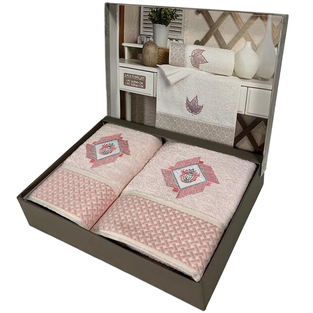Set 2 prosoape, Quasar & Co.®, model Luxury R, broderie si banda tesuta, 100% bumbac, 450 g/mp, 50 x 90/70 x 140, roz pal 2 Set 2 prosoape, Quasar & Co.®, model Luxury R, broderie si banda tesuta, 100% bumbac, 450 g/mp, 50 x 90/70 x 140, roz pal 2