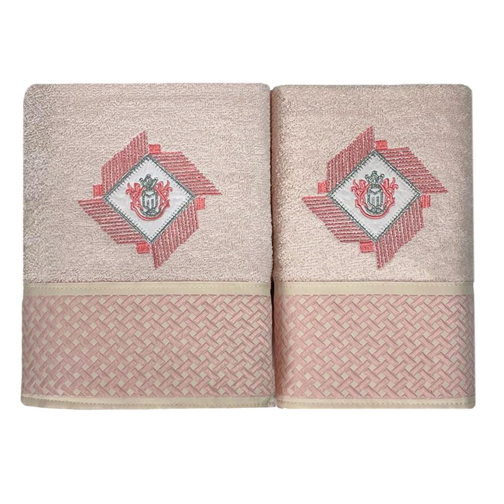42026349-2 Set 2 prosoape, Quasar & Co.®, model Luxury R, broderie si banda tesuta, 100% bumbac, 450 g/mp, 50 x 90/70 x 140, roz pal