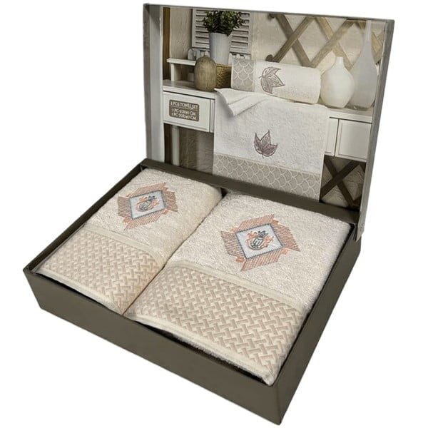Set 2 prosoape, Quasar & Co.®, model Luxury R, broderie si banda tesuta, 100% bumbac, 450 g/mp, 50 x 90/70 x 140, crem - imagine 2