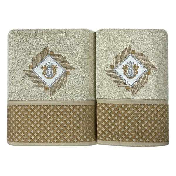 Set 2 prosoape, Quasar & Co.®, model Luxury R, broderie si banda tesuta, 100% bumbac, 450 g/mp, 50 x 90/70 x 140, crem - imagine 1