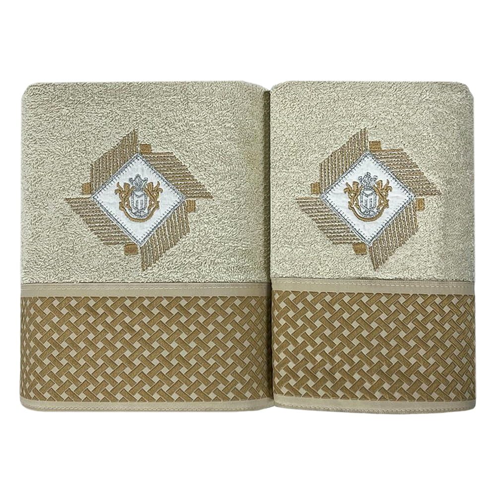 Set 2 prosoape, Quasar & Co.®, model Luxury R, broderie si banda tesuta, 100% bumbac, 450 g/mp, 50 x 90/70 x 140, crem