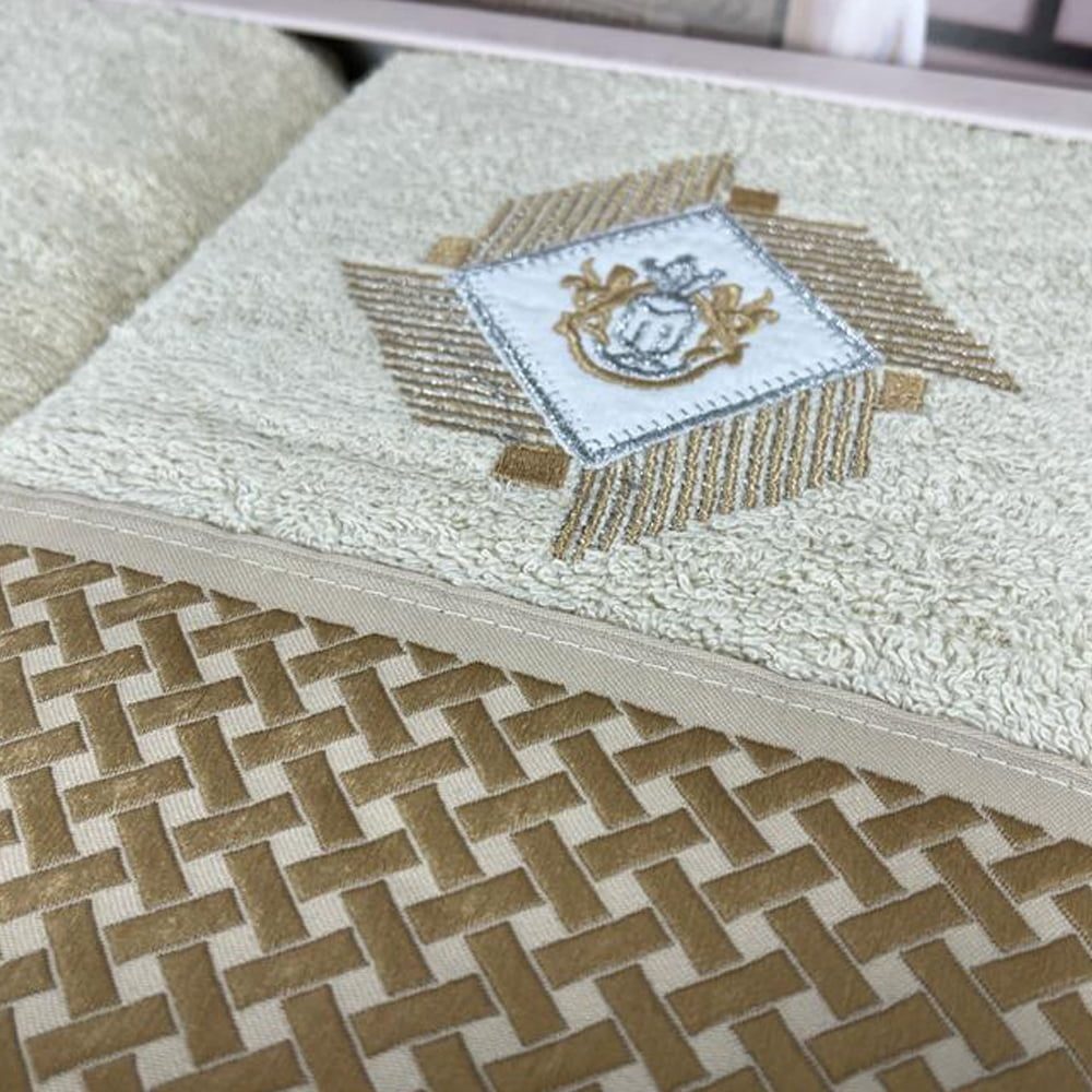 Set 2 prosoape, Quasar & Co.®, model Luxury R, broderie si banda tesuta, 100% bumbac, 450 g/mp, 50 x 90/70 x 140, crem 3