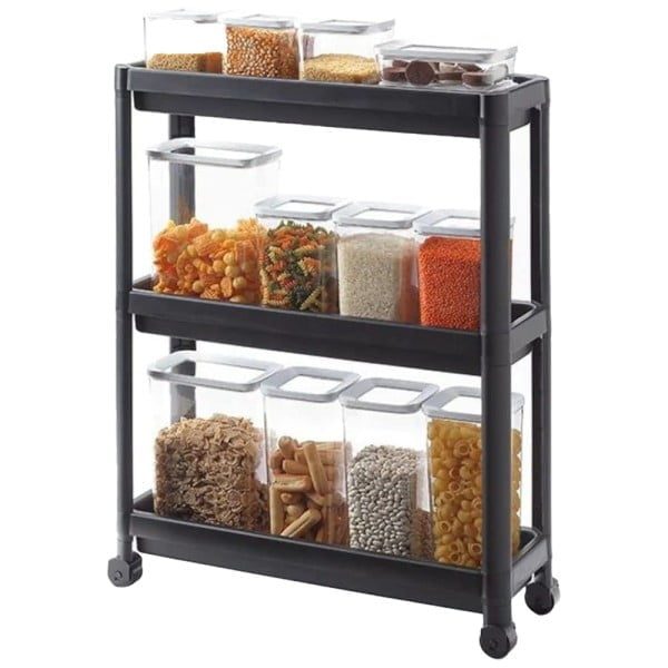 Set 2 etajere universale, Quasar & Co.®, rafturi slim cu 3 polite, cu roti, polipropilena, 71 x 54 x 18 cm, negru - imagine 3